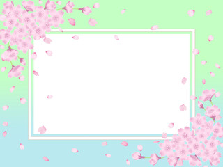 桜と花びらのフレーム－背景パステルグリーンと水色のグラデーション
