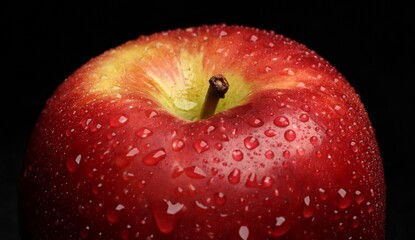 Close up of water droplets on shiny surface of fresh red apple on black background