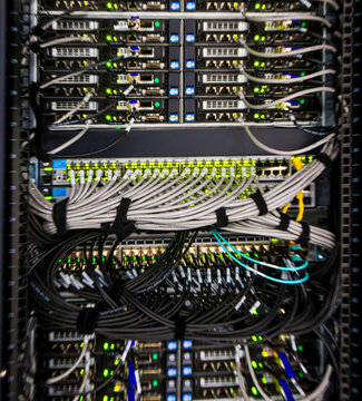 Close-up of cables in network server