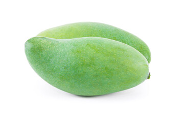 A raw mango fruit on a white background