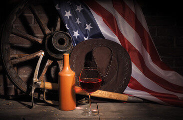 Wooden oak barrel and american flag on rustic background. USA holidays .