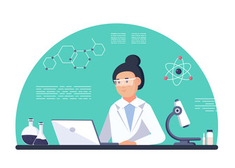 Laboratory researcher - Isolated scientist woman in lab coat with chemical glassware.
