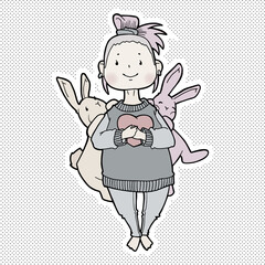 Pretty girl with pink hair. Rabbits hugging a girl. A cartoon character holding a heart in his hands. Vector illustration for valentine's day, easter, mother's day. 
