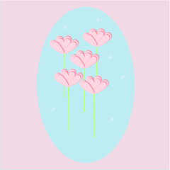Obraz premium March 8. International Women's Day greeting card, pink flowers , blue background, pink oval frame, stock illustration