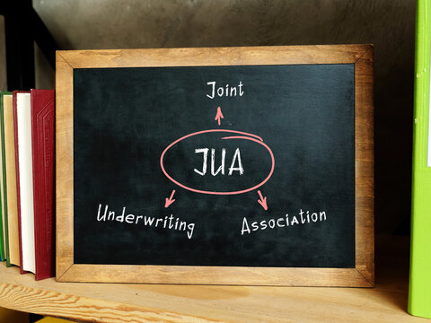 Written phrase JUA Joint Underwriting Association . group of colorful books on the wooden table and blackboard