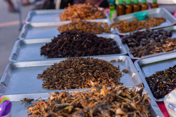 Fried insects in the market
