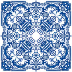 Azulejos - Portuguese tiles blue watercolor pattern. Traditional tribal ornament. Capri Maiolica