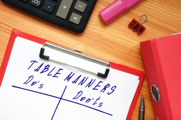  Financial concept meaning TABLE MANNERS Do's and Don'ts with sign on the sheet.