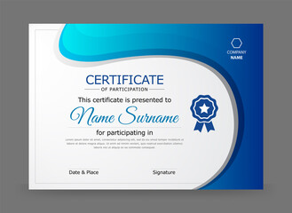 Certificate of participation template. Modern blue colour certificate with badge.