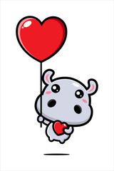 vector design of cute cartoon hippopotamus flying with love balloon