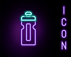 Glowing neon line Fitness shaker icon isolated on black background. Sports shaker bottle with lid for water and protein cocktails. Colorful outline concept. Vector.