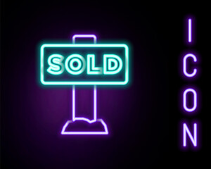 Glowing neon line Hanging sign with text Sold icon isolated on black background. Sold sticker. Sold signboard. Colorful outline concept. Vector.