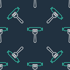 Line Sausage on the fork icon isolated seamless pattern on black background. Grilled sausage and aroma sign. Vector.