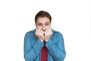 portrait of an emotional man, frightened, experiencing fear and regret on a white isolated...