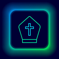 Glowing neon line Pope hat icon isolated on black background. Christian hat sign. Colorful outline concept. Vector.