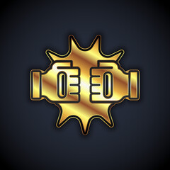 Gold Punch in boxing gloves icon isolated on black background. Boxing gloves hitting together with explosive. Vector.