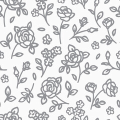 Seamless pattern with abstract garden roses, with stems, buds and leaves silhouette. Background with blossoming gray outline flowers. Vintage floral hand drawn wallpaper. Vector  illustration.