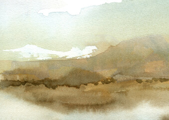 Neutral brown hill and sky watercolor landscape abstract background with paper textured hand drawn and painted 