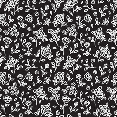 Seamless pattern with abstract garden roses, with stems, buds and leaves silhouette. Black background with blossoming outline flowers. Vintage floral hand drawn wallpaper. Vector stock illustration.