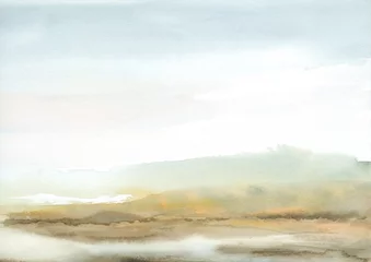 Rollo Neutrale braune und blaue Himmelsaquarelllandschaft mit abstraktem Hintergrund der Leerstelle mit strukturiertem Papierhand gezeichnet und gemalt © Kunrus