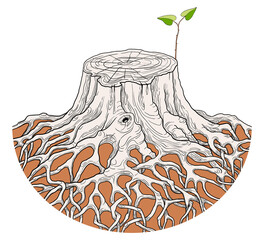 A new sprout grows out of a large old stump. Symbol of the rebirth of life. Isolated white background.