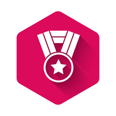 White Medal icon isolated with long shadow background. Winner achievement sign. Award medal. Pink hexagon button. Vector.