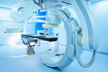 Equipment and medical devices in hybrid operating room blue filter. Operating room. Surgical...
