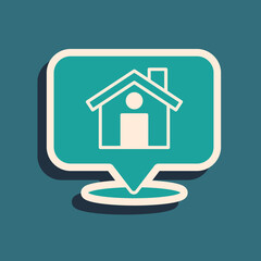 Green Map pointer with house icon isolated on green background. Home location marker symbol. Long shadow style. Vector.