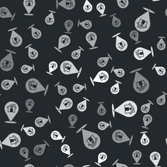 Grey Map pointer with house icon isolated seamless pattern on black background. Home location marker symbol. Vector.