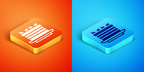Isometric Cake icon isolated on orange and blue background. Happy Birthday. Vector.