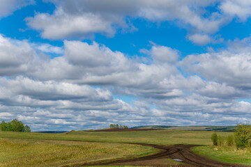 Fototapeta premium Spring fields on a sunny cloudy day