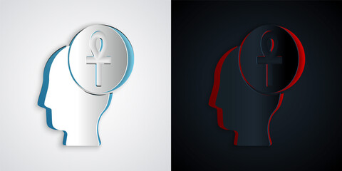 Paper cut Cross ankh icon isolated on grey and black background. Paper art style. Vector.