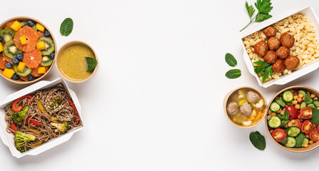 Cooked food in paper eco-friendly containers on white background. Food delivery for home or office. Vegetable, fruit salads, soups, meat and side dishes