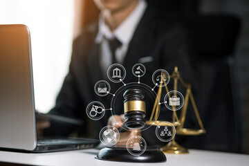 Consult Judge or lawyer Hand Writing Document in Court Room.