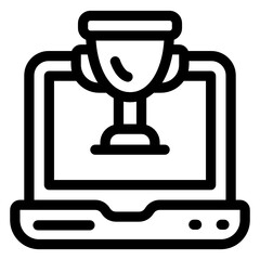 
Trophy inside laptop denoting linear icon of online reward 
