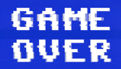 Intentional distortion and glitch effect: a retro videogame screen with the text Game Over.
