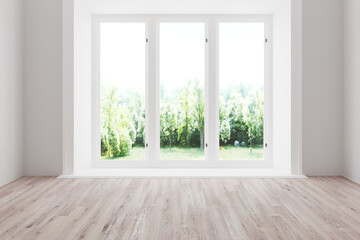 Fototapeta na wymiar White empty room with summer landscape in window.