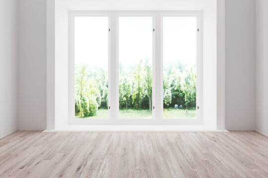 White empty room with summer landscape in window.
