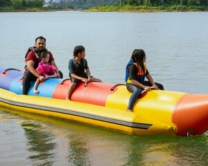 Family enjoying water activities on banana boat at the Kenyir Lake, Terengganu, Malaysia.