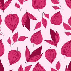 Botanical seamless pattern with dark pink leaves . Leaves and flowers wallpapers. Florals background.