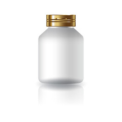 Blank white round supplements, medicine bottle with gold cap lid for beauty or healthy product.