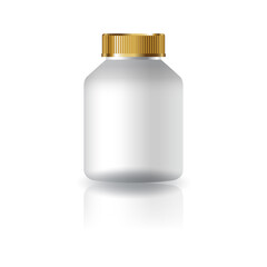 Blank white round supplements, medicine bottle with gold grooved lid for beauty or healthy product.