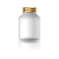 Blank white round supplements, medicine bottle with gold screw lid for beauty or healthy product.