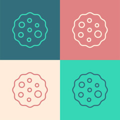 Pop art line Cookie or biscuit with chocolate icon isolated on color background. Vector.