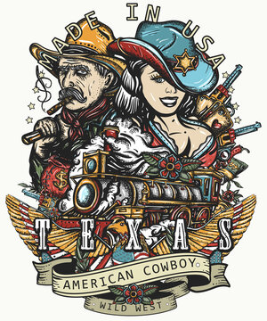 Texas slogan. USA history concept. Wild West art. Cowboy girl sheriff, steam train, american eagle and gold digger. Guns, money and playing cards. Wanted poster style. Old criminal western
