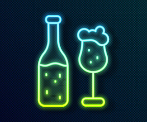 Glowing neon line Beer bottle and glass icon isolated on black background. Alcohol Drink symbol. Vector.