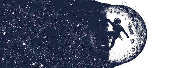Astronaut, moon and night sky. Black and white surreal graphics. Spaceman and new planets. Symbol of astronomy, science and universe