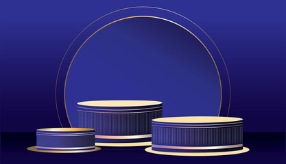 Classic Blue Pedestal with hints of gold lines and outer round background for display, Blank podium for product, simplicity Concept, vector design.