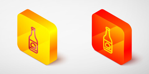 Isometric line Beer bottle icon isolated on grey background. Yellow and orange square button. Vector.