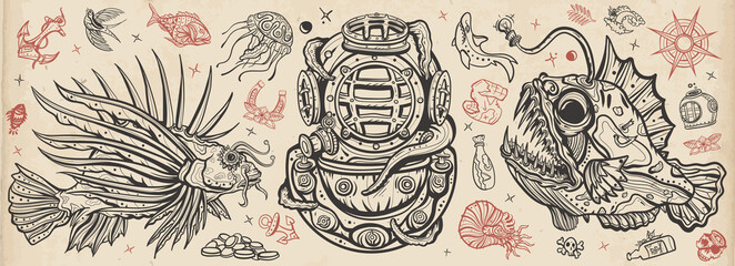 Underwater world. Scuba diver helmet, octopus kraken tentacles. Sea monsters. Angler fish, lionfish, jellyfish. Deep water diving art. Treasures and life of ocean. Old school tattoo vector collection © intueri